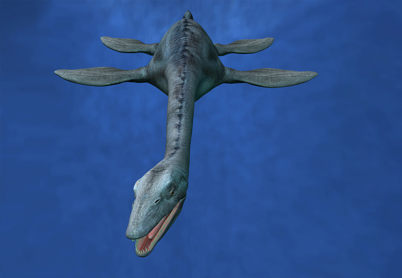 Potwór z jeziora Como: renderowanie 3D pływającego dinozaura
