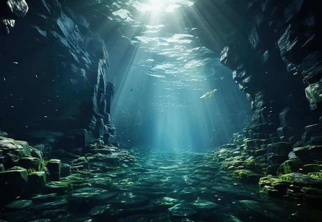 Underwater cave bathed in sunlight, offering a glimpse into the mesmerizing allure of this submerged cavern