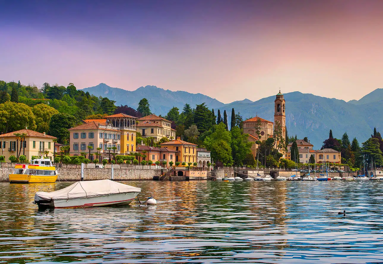 A breathtaking view of Lake Como, showcasing its serene waters and surrounding mountains from a lofty vantage point.