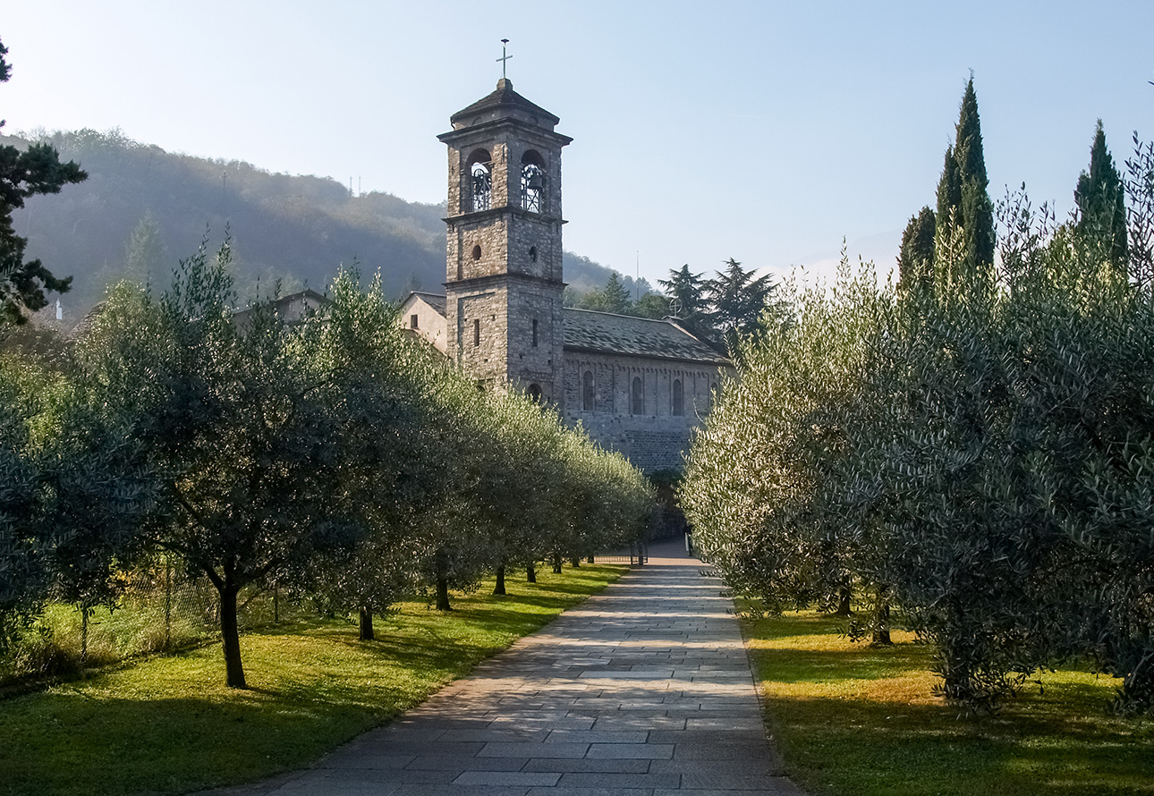 Un tranquillo sentiero fiancheggiato da ulivi conduce all&#39;Abbazia di Piona, una chiesa adornata da bellissimi affreschi.
