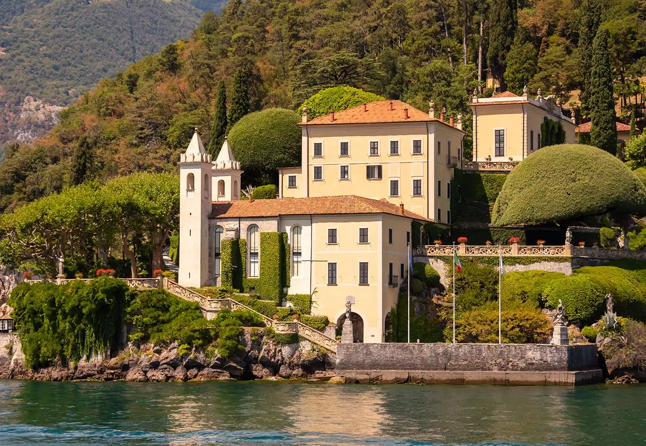 A stunning residence, Villa Balbianello, gracefully situated by the tranquil shores of Lake Como.