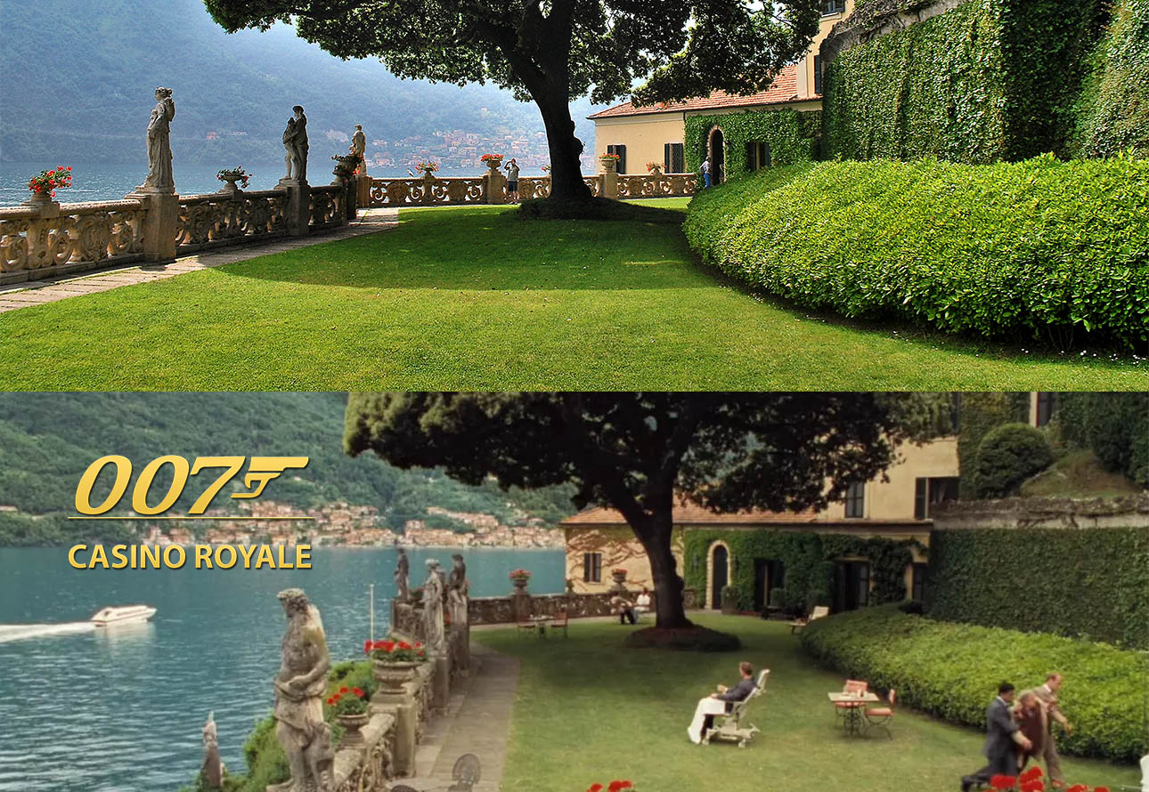 scena filmu o Jamesie Bondzie z jeziorem i zamkiem, w której Villa del Balbianello jest gwiazdą filmową